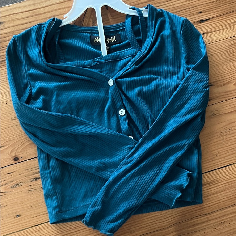 Planet Gold Teal Ribbed Cardigan